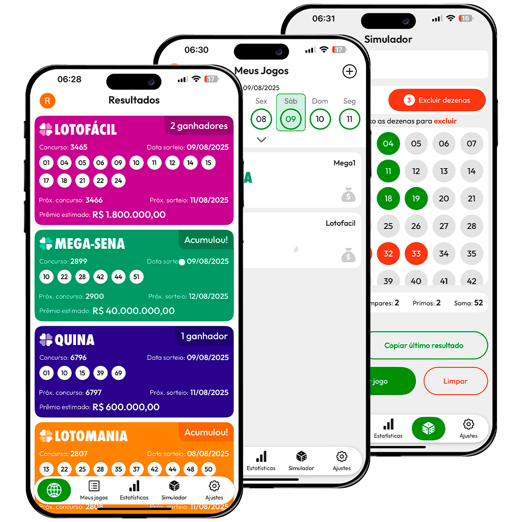 Imagem de 3 prints de tela do app 99 loterias